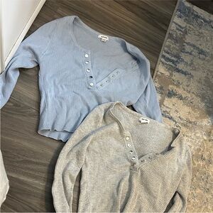 Garage Ribbed Button-Up Tops in Blue and Gray